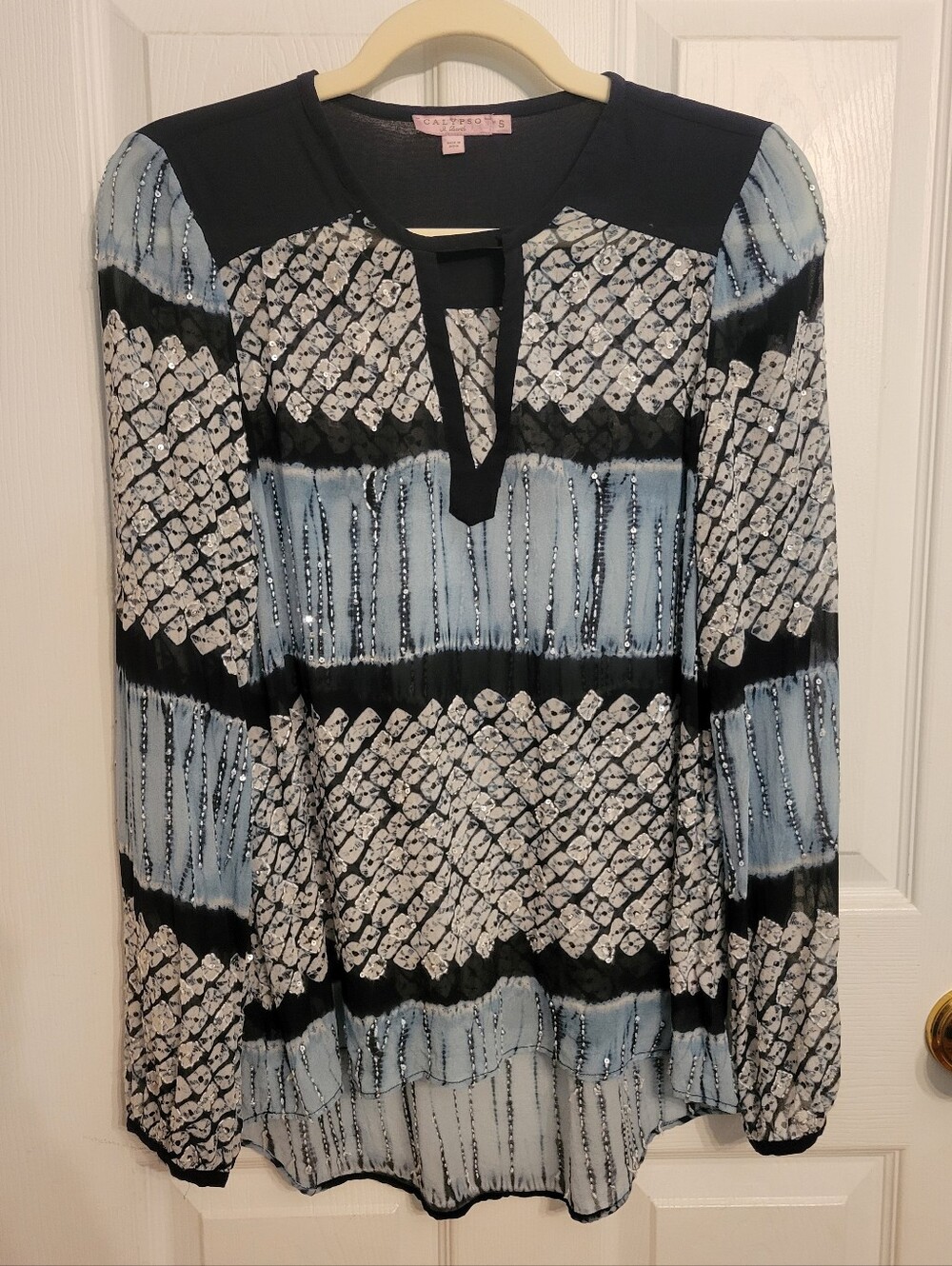 Calypso St. Barth Light Blue, Navy & White Patterned 100% Silk Long-Sleeve Top - Picture 2 of 9